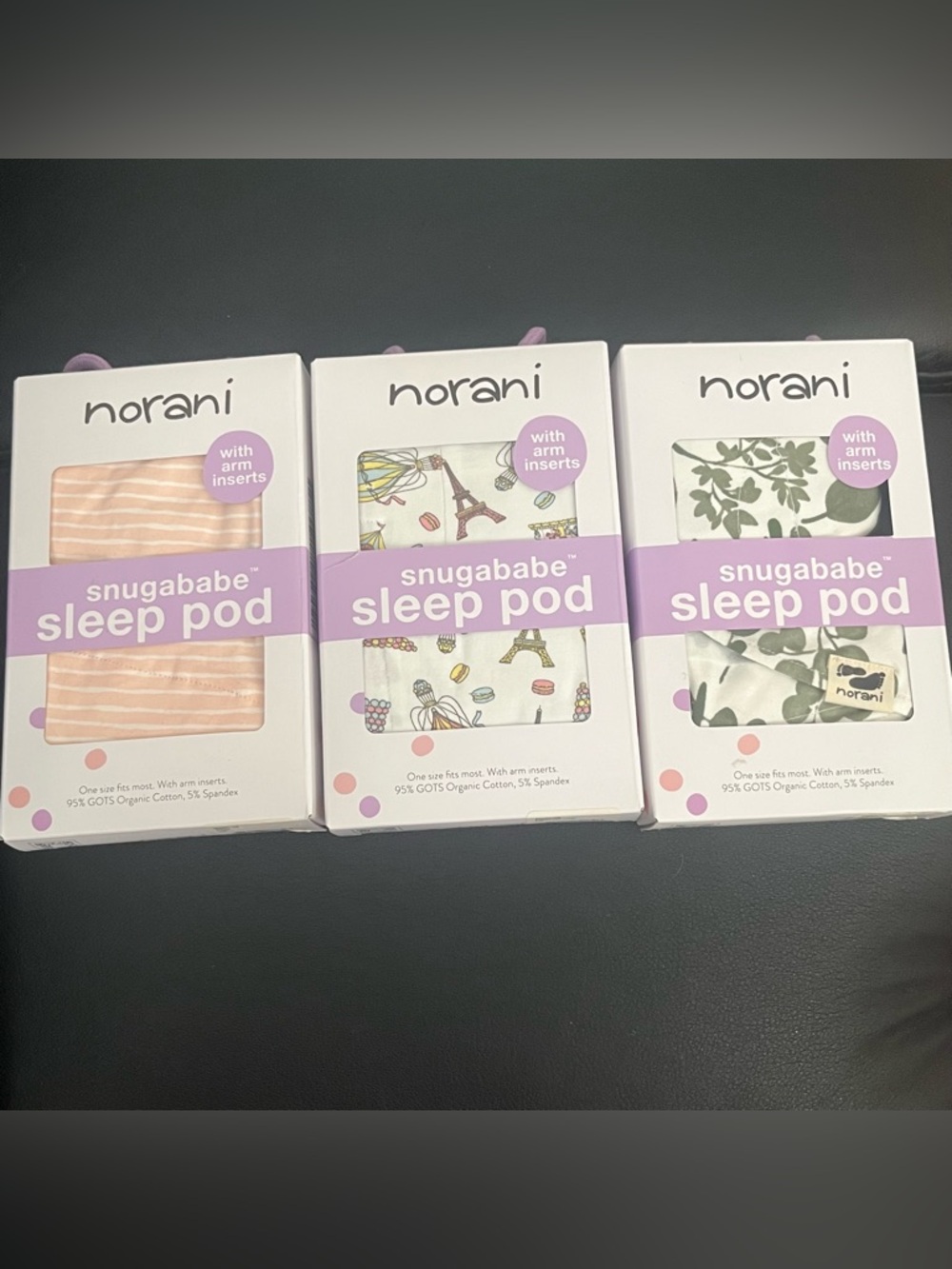 3 NWT Sleep Pod Snuggababe by Norani Swaddle Sack Paris Pink Stripe & Leaves
